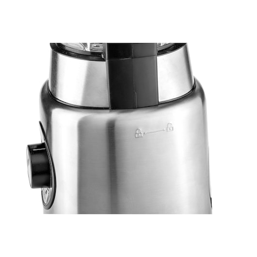 BLACKDECKER PB120 blender base in stainless steel, close-up side angle.