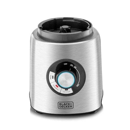 BLACK+DECKER PB120 blender base with stainless steel body, front dial control, front angle.