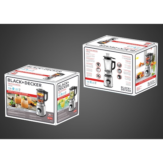 Photo of two BLACK+DECKER PB120 blender boxes showing product images, features, and colorful smoothie ingredients.