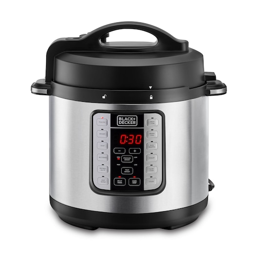 A BLACK+DECKER electric pressure cooker with a stainless steel body, black lid, and digital control panel showing a timer set to 30 minutes.