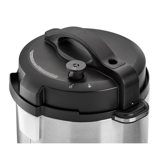 BLACKDECKER PCP1000 electric pressure cooker with black lid and control knob, category photography, top angle.