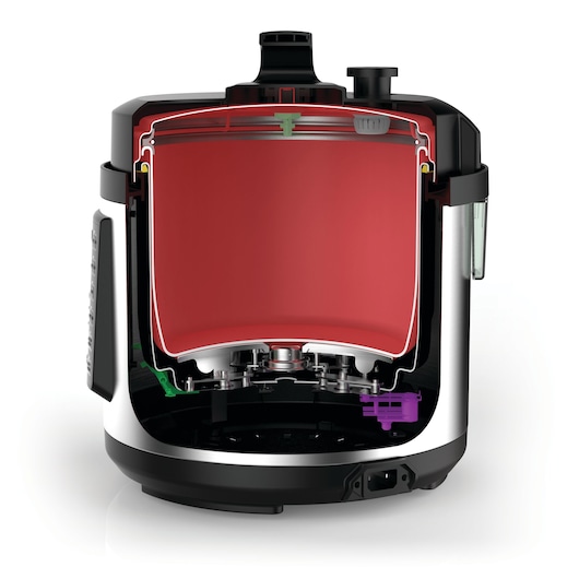 BLACKDECKER PCP1010 pressure cooker cutaway, showing internal red chamber, wiring, and mechanical components, front angle.
