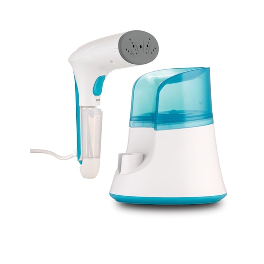 BLACKDECKER PGST120 handheld fabric steamer with blue and white base, front angle on white background.