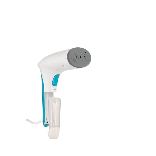 BLACK+DECKER PGST120 handheld garment steamer, white and blue, front angle on white background.