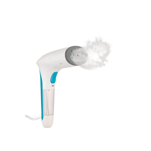 BLACKDECKER PGST120 handheld garment steamer, white and blue, side angle, releasing steam, plain background.