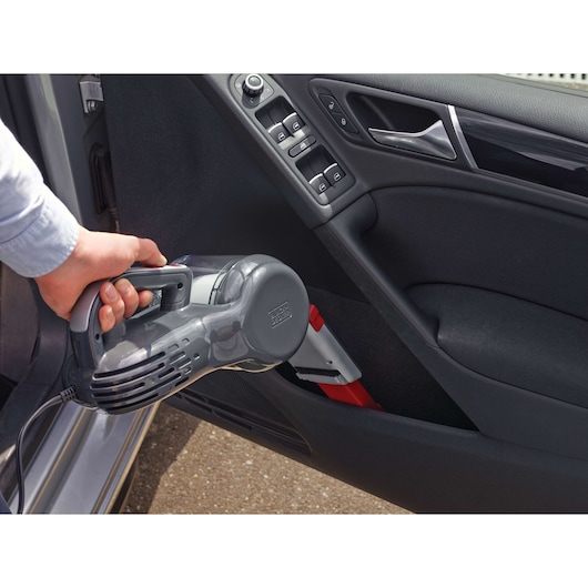 BLACKDECKER PV1200AV handheld vacuum cleaning car door interior, grey and red, SKU PV1200AV
