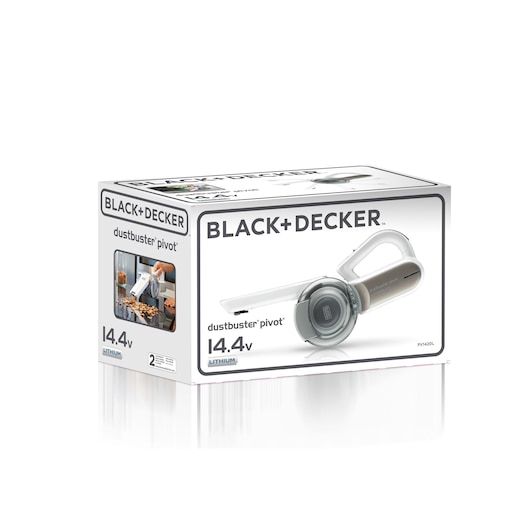 Photo of BLACK+DECKER PV1420L-B5 dustbuster pivot 14.4V handheld vacuum cleaner in branded packaging, front angle.