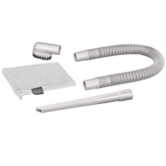 Photo of BLACKDECKER PV1820LRGP vacuum accessory kit with flexible hose, crevice tool, round brush, and mesh storage bag, side angle.