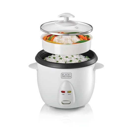 BLACKDECKER RC1050 rice cooker with white base and glass lid, cooking rice and assorted vegetables, front angle.