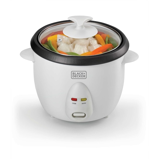 BLACK+DECKER RC1050 white rice cooker front angle, filled with vegetables and rice, clear glass lid.