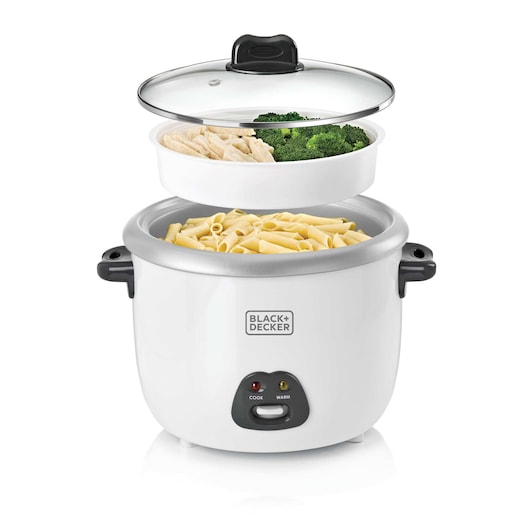 BLACK+DECKER RC1850 rice cooker with white body, glass lid, pasta and vegetables, front angle.