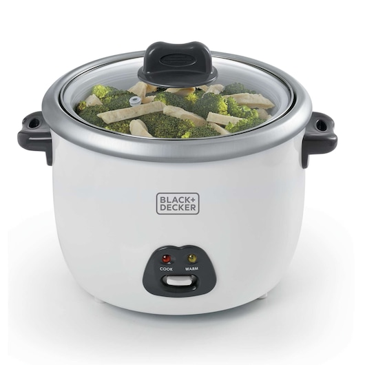 Photo of BLACK+DECKER RC1850 rice cooker with glass lid, filled with broccoli and sliced vegetables, front angle.