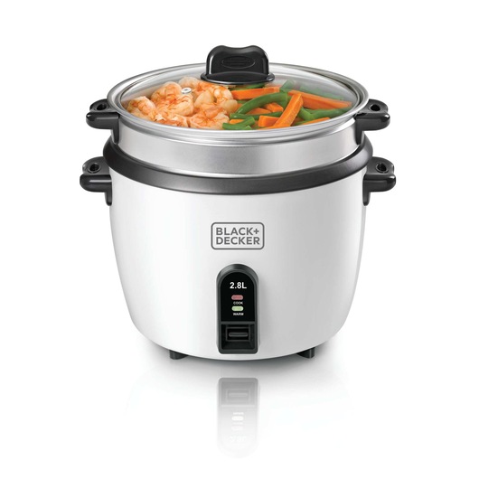 Photo of BLACK+DECKER RC2850 white rice cooker with glass lid, showing shrimp and vegetables inside, front view.