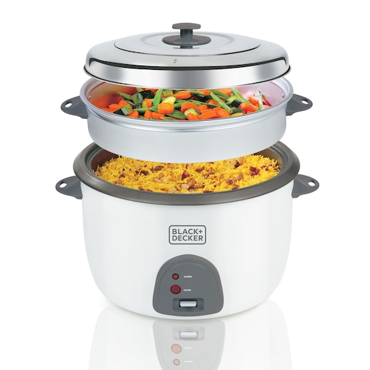 BLACKDECKER RC4500 rice cooker with white body and silver lid, steaming tray filled with vegetables, front angle