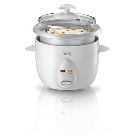 BLACK+DECKER RC650 white rice cooker with glass lid and indicator lights, front angle.