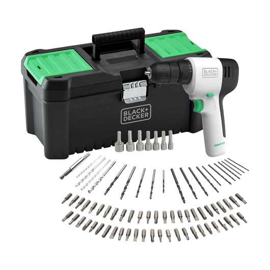 BLACK+DECKER REVDD12ASTB cordless drill set with black toolbox, green accents, and assorted drill bits and accessories, front angle.
