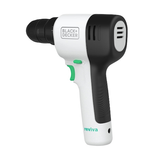 A BLACK+DECKER cordless electric drill with a black and white body and green trigger, labeled 'reviva' near the base.
