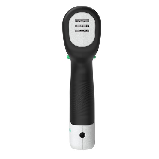 Front view of a BLACK+DECKER REVDD12C handheld device with a black and white body and visible slots on the head, designed for photography-related use.