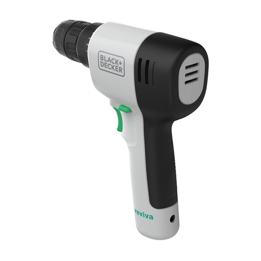 A BLACK+DECKER Reviva cordless electric drill with a white and black body, a green trigger, and a black grip. The drill is compact and ergonomic, suitable for home and DIY tasks.