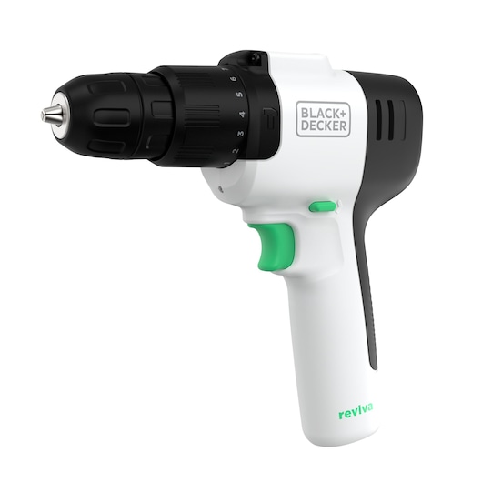 BLACK+DECKER REVHD12C cordless drill, white and black, side angle, green trigger, plain background.