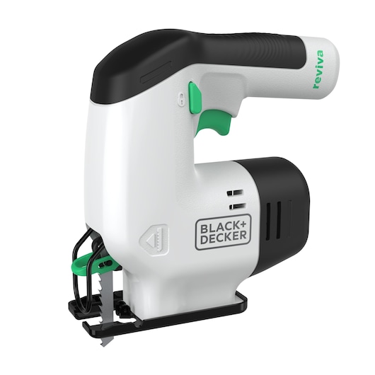 BLACK+DECKER REVJ12C jigsaw, white and black with green accents, side angle, photo on white background