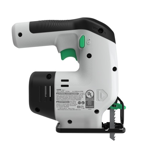 A BLACK+DECKER jigsaw power tool, featuring a white, black, and green color scheme. The tool has a straight ergonomic handle, visible safety and certification labels on the side, and a metal blade at the bottom for cutting. The product SKU is REVJ12C.