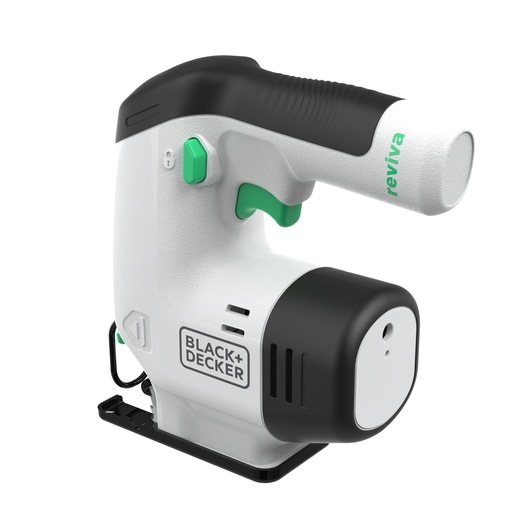 A BLACK+DECKER Reviva cordless jigsaw, featuring a compact design with a black and white body, green accents, and ergonomic handle. The tool is branded with 'BLACK+DECKER' and 'reviva' text.