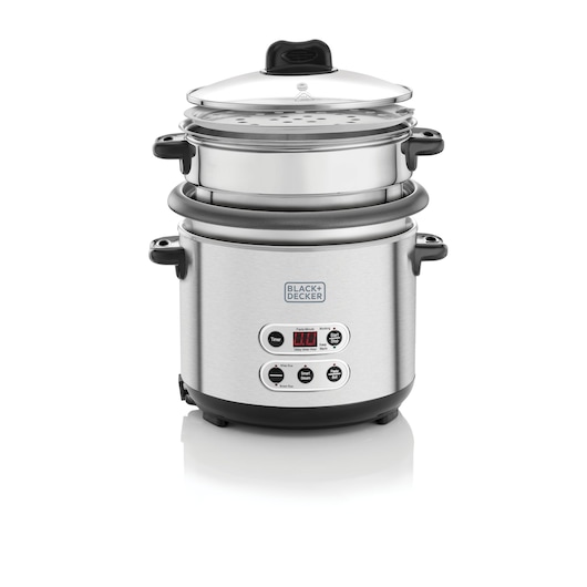A BLACK+DECKER stainless steel electric rice cooker with digital controls, a glass lid, and a steaming basket, shown on a white background.
