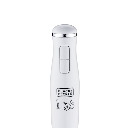 BLACK+DECKER SB2500 white hand blender handle, front view with control buttons and food icons, isolated on white.
