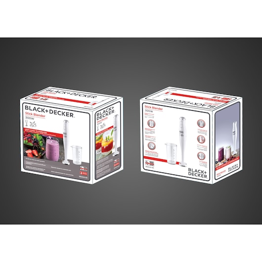 BLACK+DECKER SB2500 stick blender 300W packaging boxes, front and back angles with product images and features.