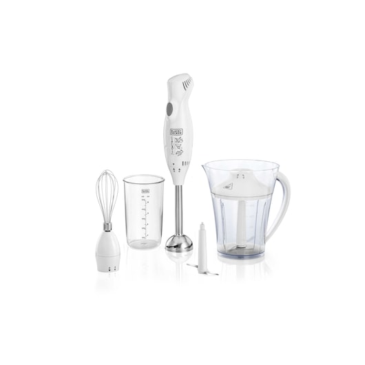 BLACKDECKER SB3220 white hand blender set with stainless steel blending arm, whisk, measuring cup, and pitcher, front angle.