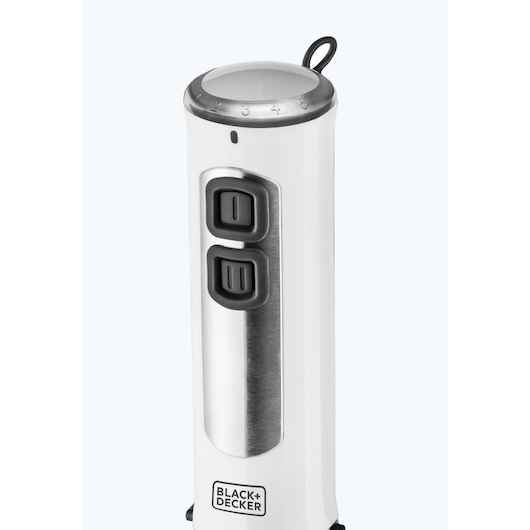 Photo of BLACK+DECKER SB4000 hand blender handle, white and stainless steel with control buttons, front angle.