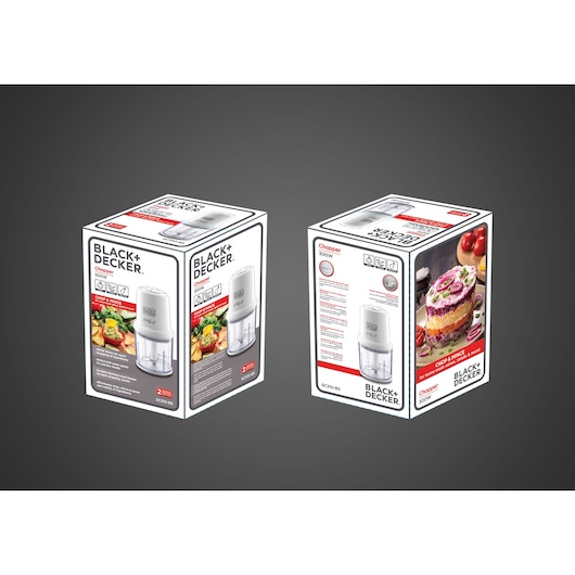 Photo of BLACK+DECKER SC310 chopper 300W packaging with product image and food illustrations, angled view.