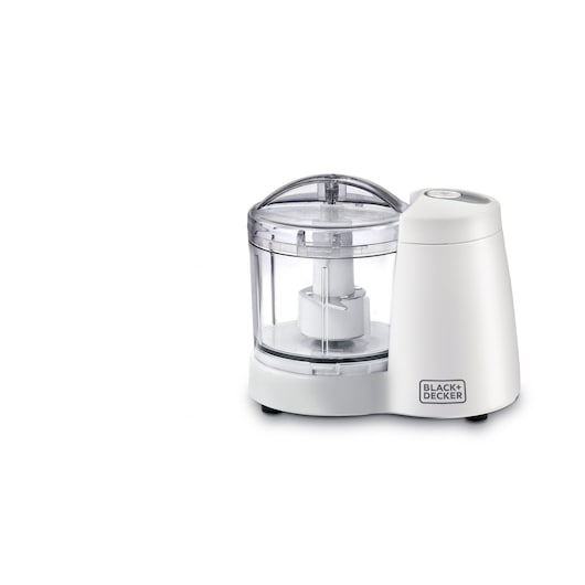 Photo of BLACK+DECKER SC350 white compact food chopper with clear plastic bowl, front angle on white background.