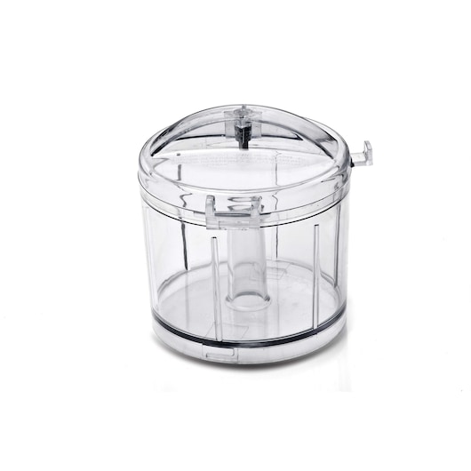 BLACKDECKER SC350 clear plastic food processor bowl, front angle photo.