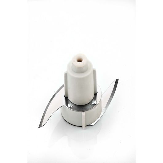 BLACKDECKER SC350 food processor blade, white plastic base, metal blades, top angle photo.