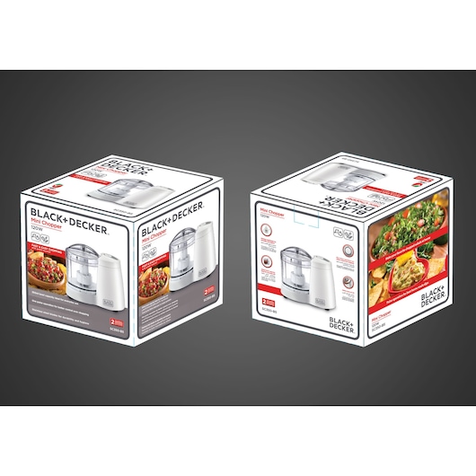 Photo of two BLACK+DECKER SC350 mini chopper boxes with product images and food photos on sides, white background.