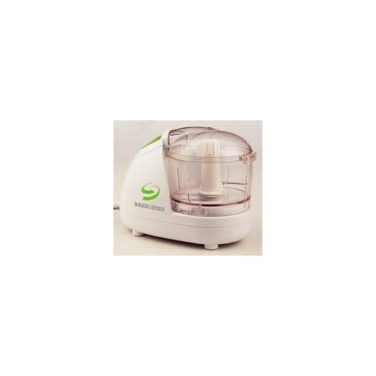 A BLACK+DECKER food processor with a white base and transparent plastic container, featuring green accents and logo. The appliance is shown on a light surface against a neutral background.