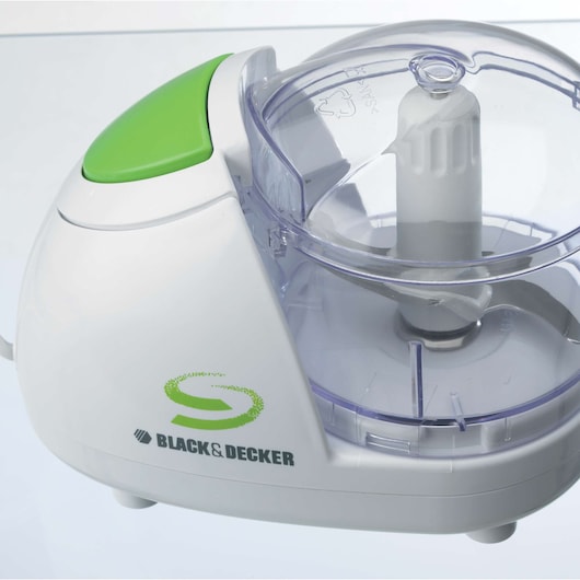 BLACK+DECKER SC5000 white and green food processor, side angle on white background.