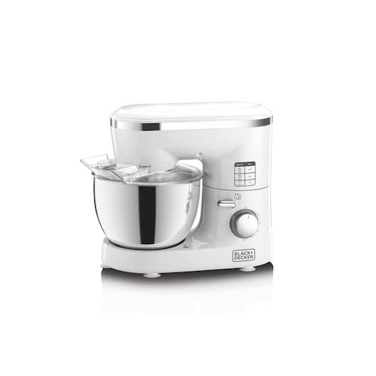 A BLACK+DECKER stand mixer with a white body and a large stainless steel mixing bowl, featuring control buttons and a speed knob on its front.