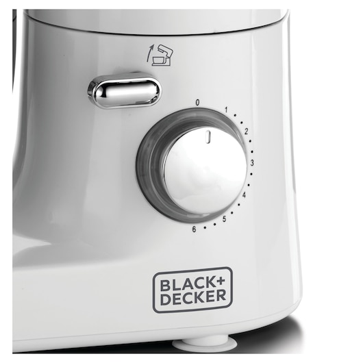 BLACK+DECKER SM1000 stand mixer base, silver control knob and speed settings, close-up product photo.