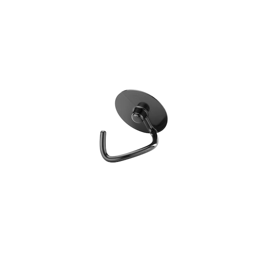 A close-up of a black wall-mounted hook with a circular base, designed for hanging items.