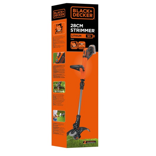 BLACKDECKER STC1820PCB 28cm lithium 18V strimmer packaging, front angle, orange and black box.