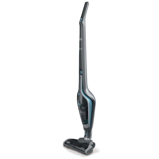 BLACKDECKER SVA420B cordless stick vacuum cleaner, side angle, grey and blue design.