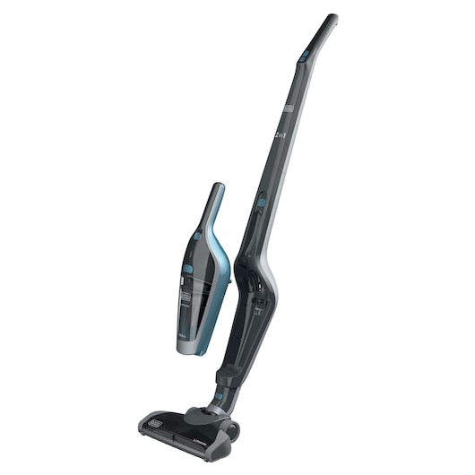 BLACKDECKER SVA420B cordless 2-in-1 stick vacuum cleaner, blue and black, side angle, photography