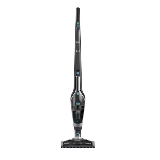 BLACKDECKER SVA420B cordless 2-in-1 stick vacuum cleaner front view, black with blue accents.