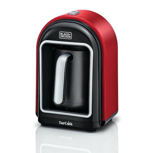 Photo of BLACK+DECKER TCM700 Turkish coffee maker, red and black, front angle, with silver handle and compact design.