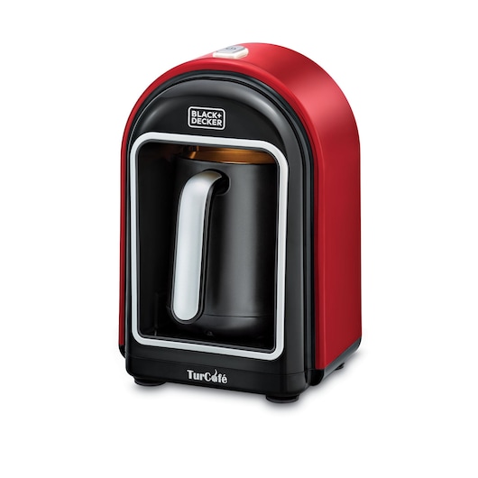 BLACKDECKER TCM700 coffee maker, red and black, front angle, compact design, with silver handle.
