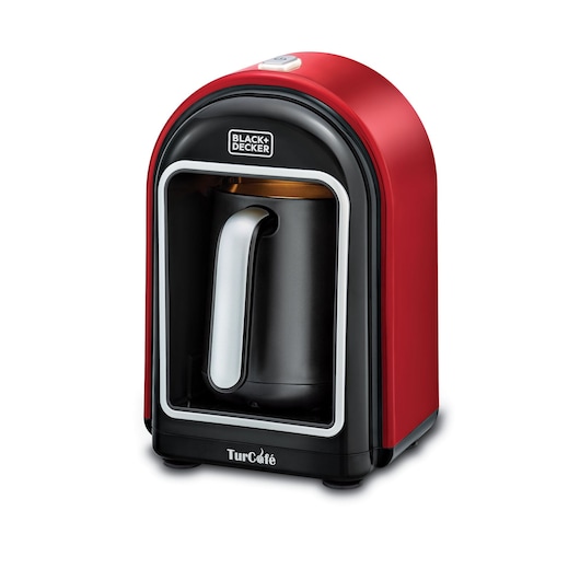 BLACK+DECKER TCM700 red Turkish coffee maker front angle, black pot with silver handle, photography