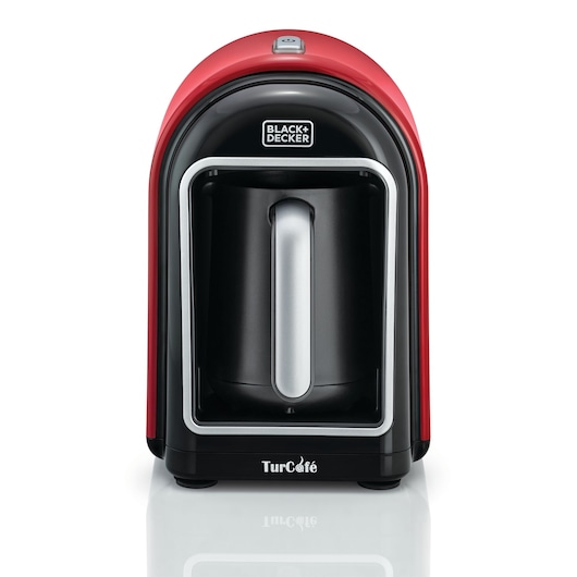 BLACK+DECKER TCM700 coffee maker front view, black and red design, showing carafe compartment.